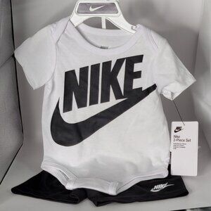 Nike 2-Piece White Onesie Set with Black Shorts | Size 6 Months | Baby Outfit